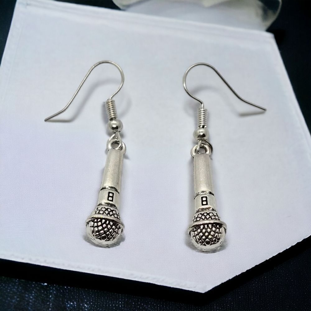 Microphone Earrings Silver Dangle Drop Jewelry Singer Vocalist Music Teacher NEW